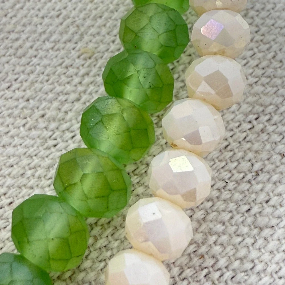 Lizas Beaded Bracelet Set‎ Green White Faceted Crystal Stretch Layering Stacking